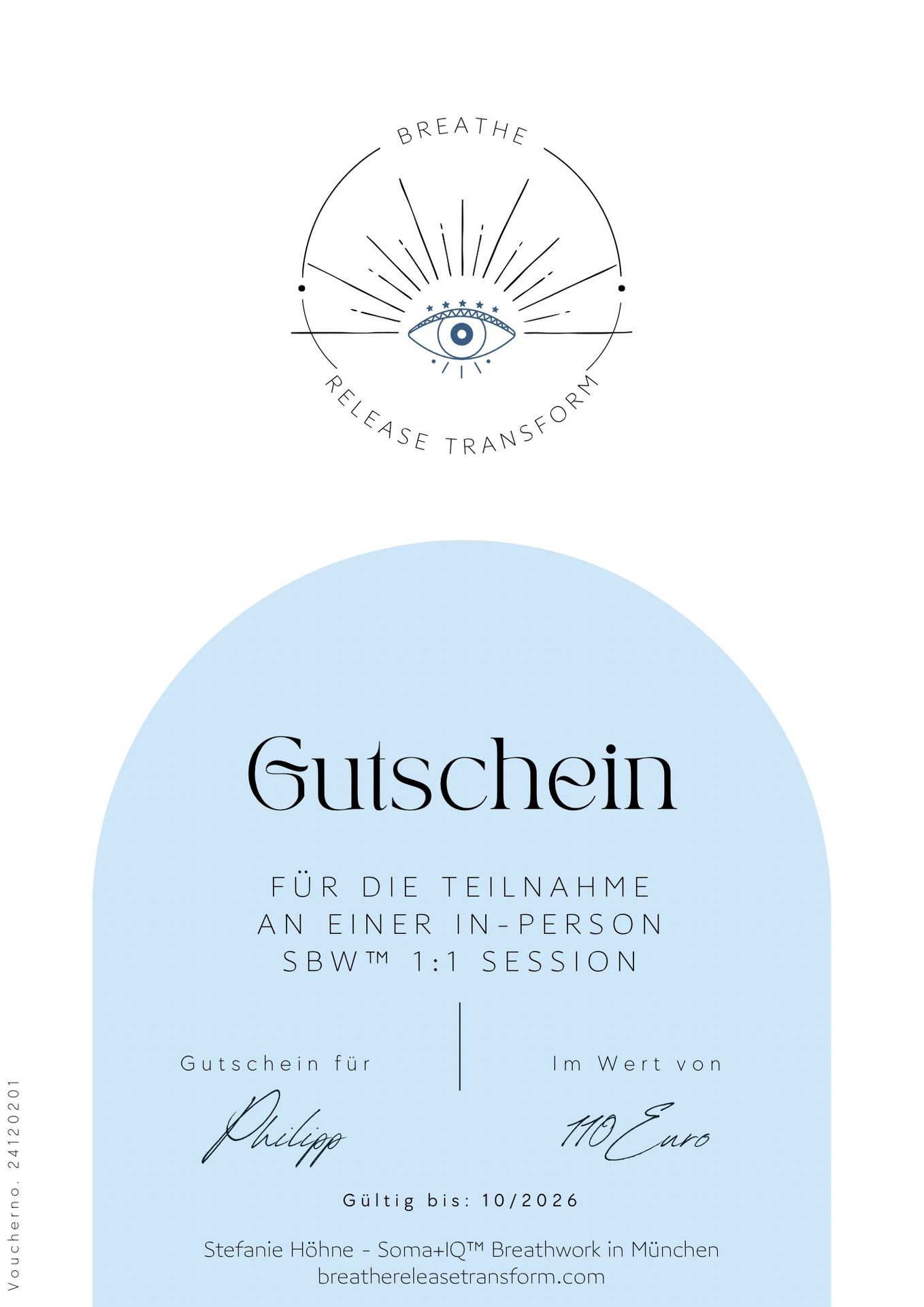 Voucher for in-person session, light blue background with eye logo and text details in German.