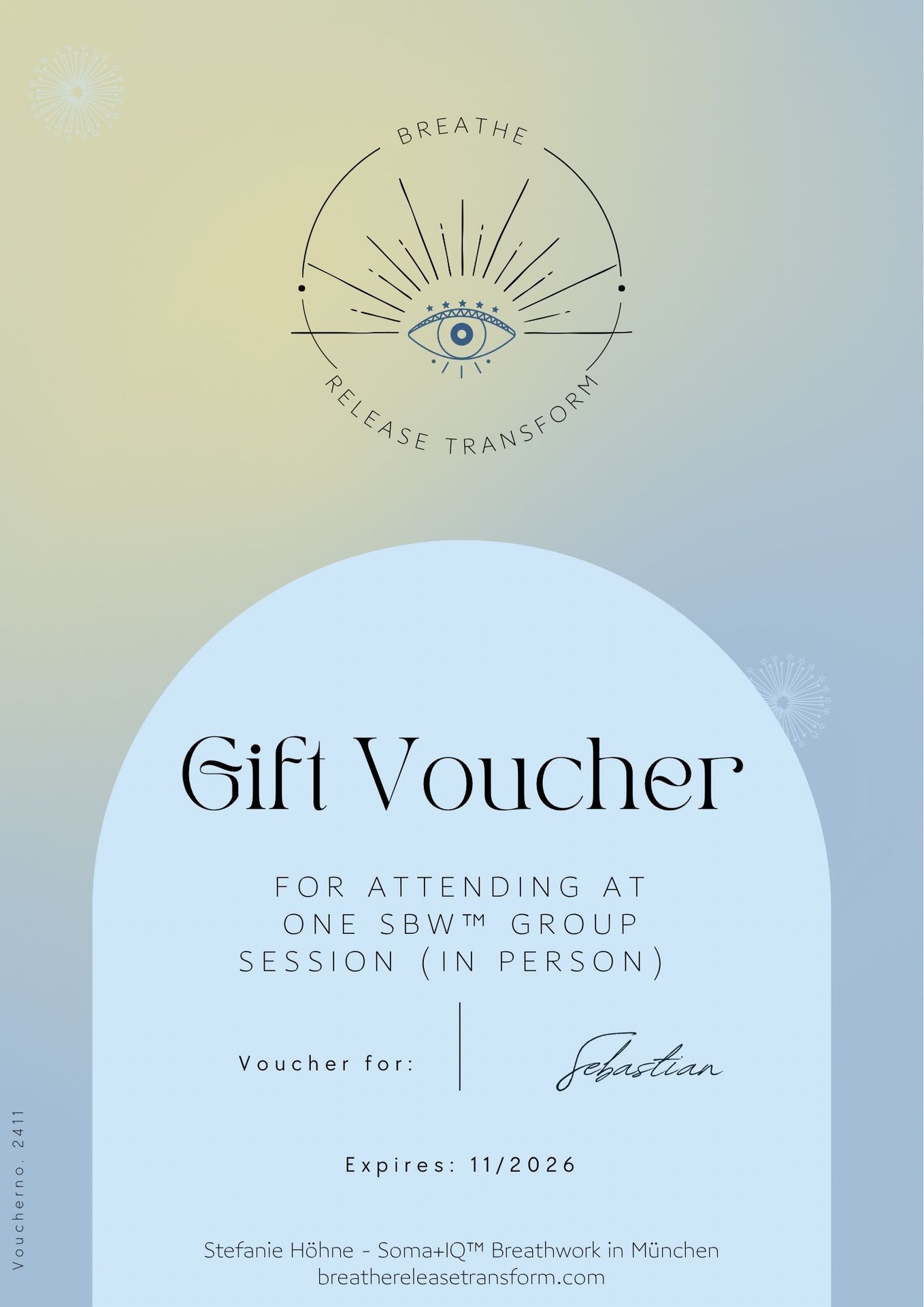 Gift voucher for an SBW group session with a decorative eye symbol and blue gradient background.