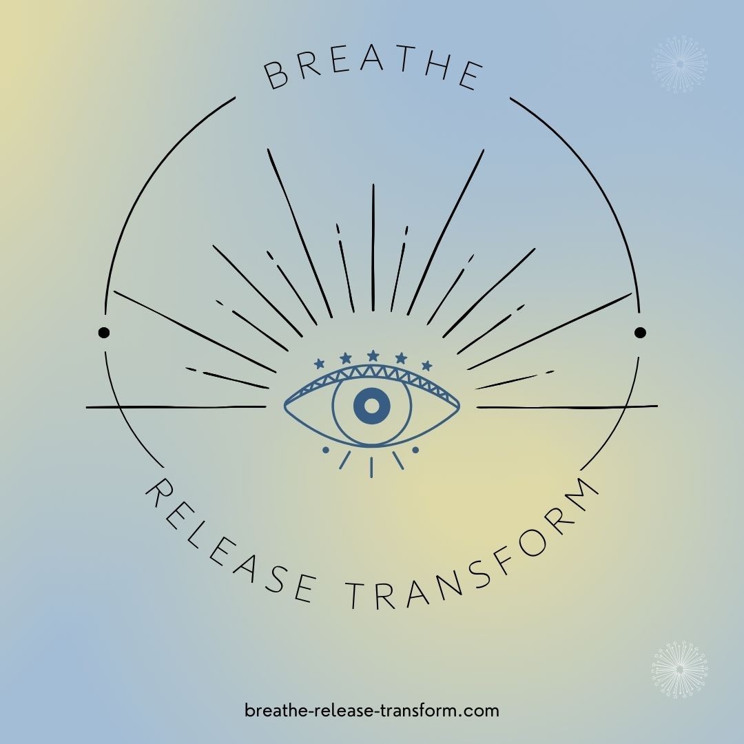 Eye symbol with rays and text: Breathe, Release, Transform on a gradient background.